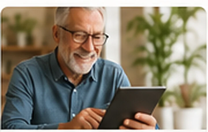 Aposentado utilizando um tablet para consultar informações