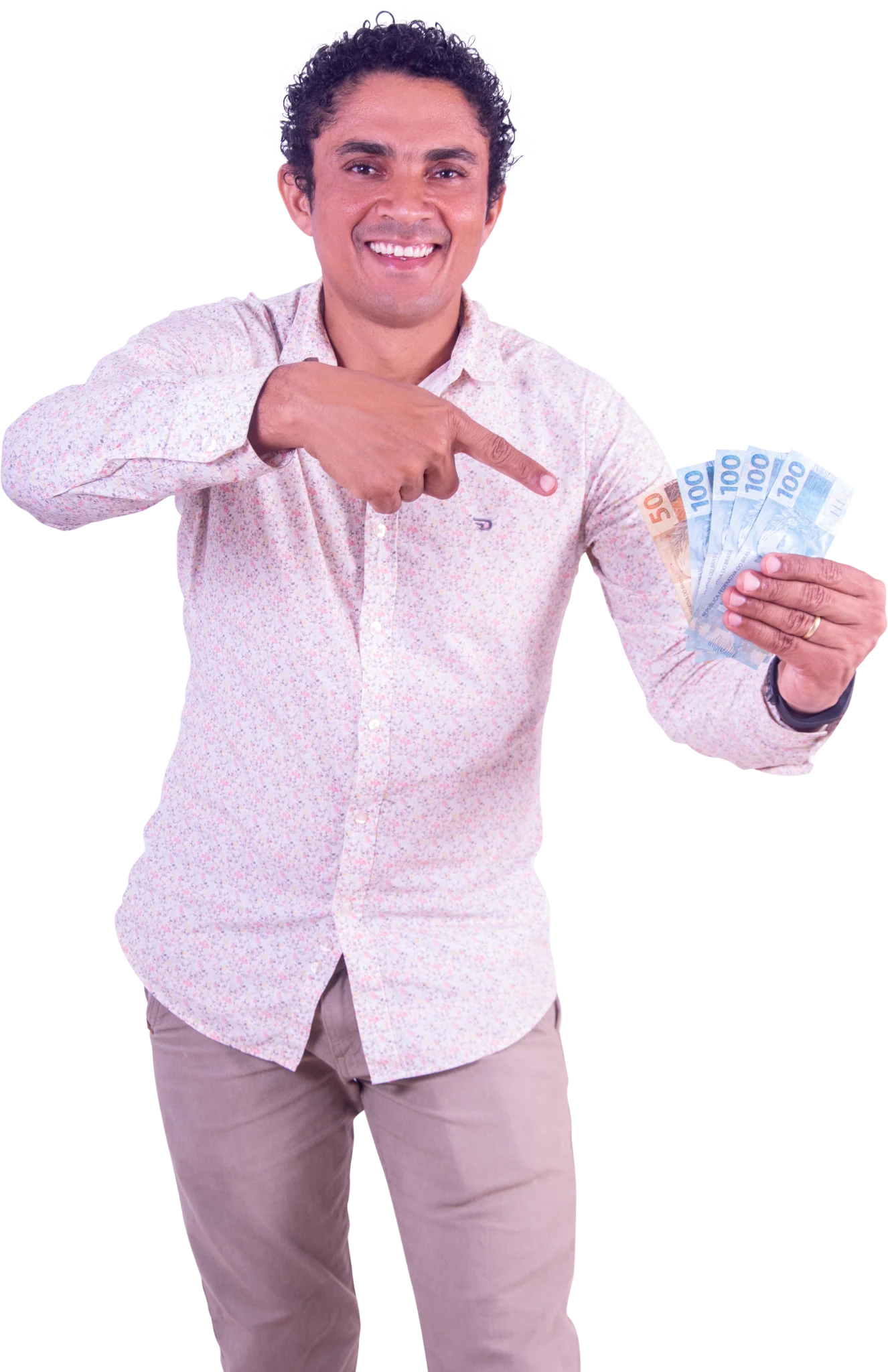 Consultor da Finanza segurando dinheiro e indicando uma simulação financeira